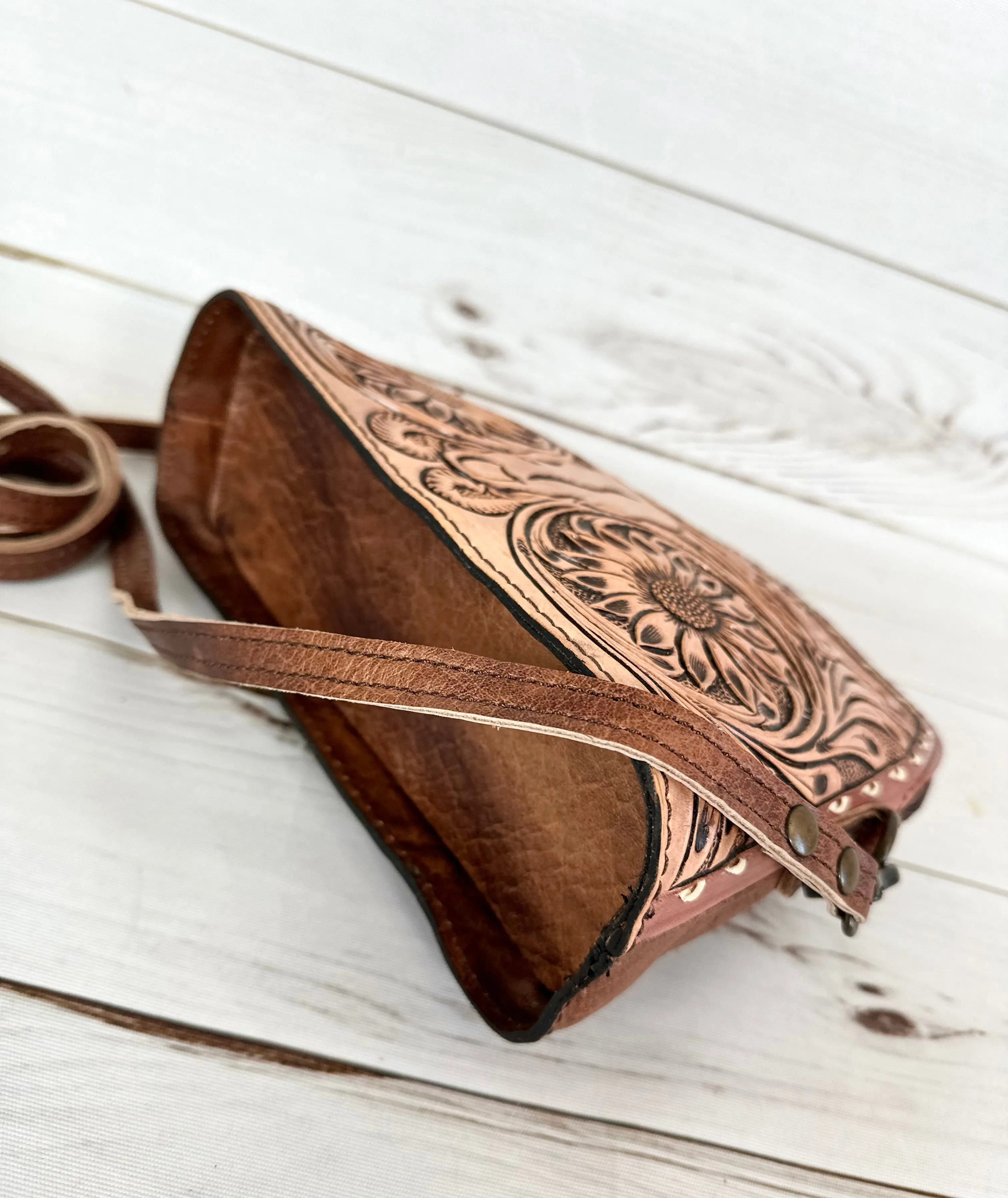 Sunflower Bull Head Leather Tooled and Buckstitch Handbag