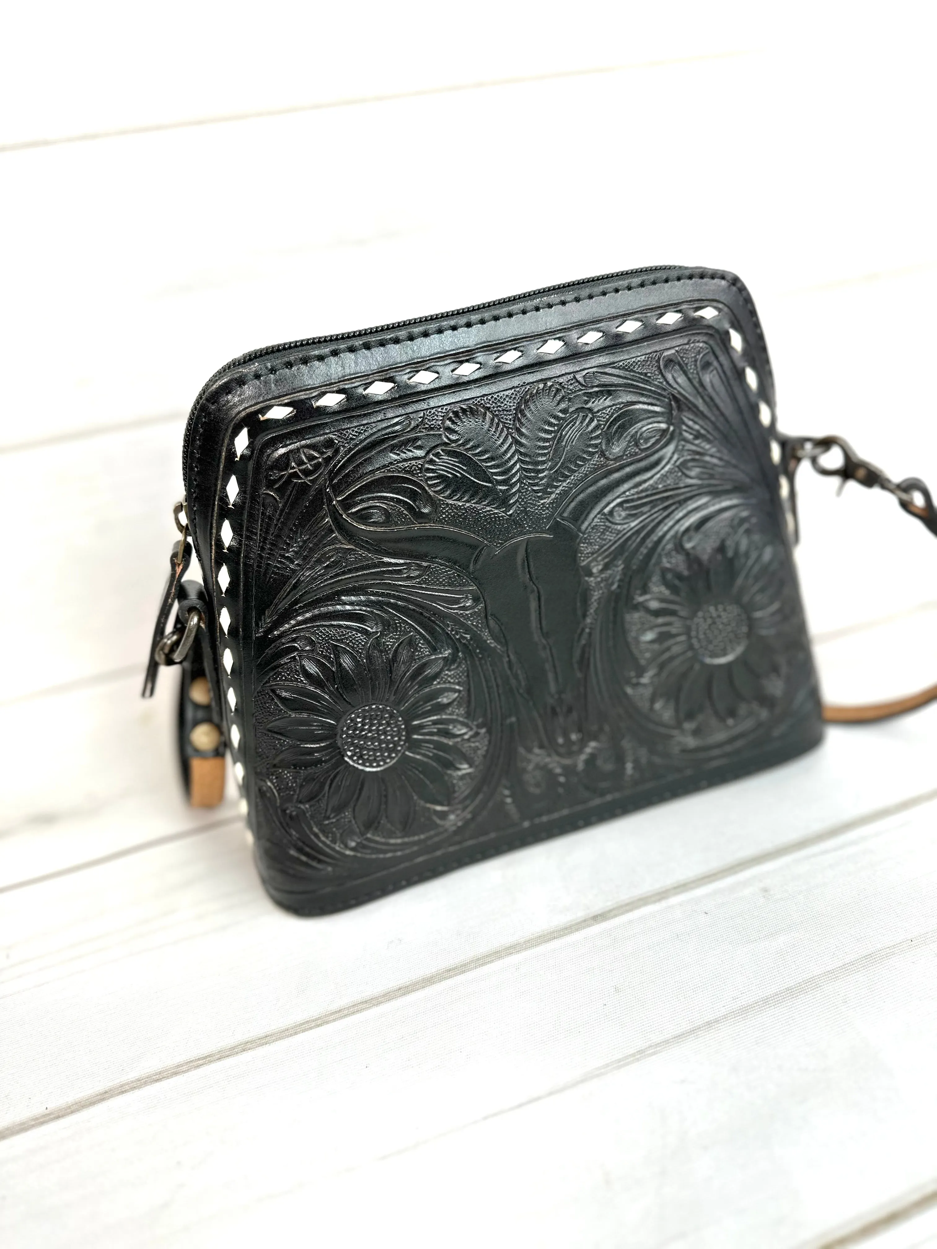 Sunflower Bull Head Leather Tooled and Buckstitch Handbag