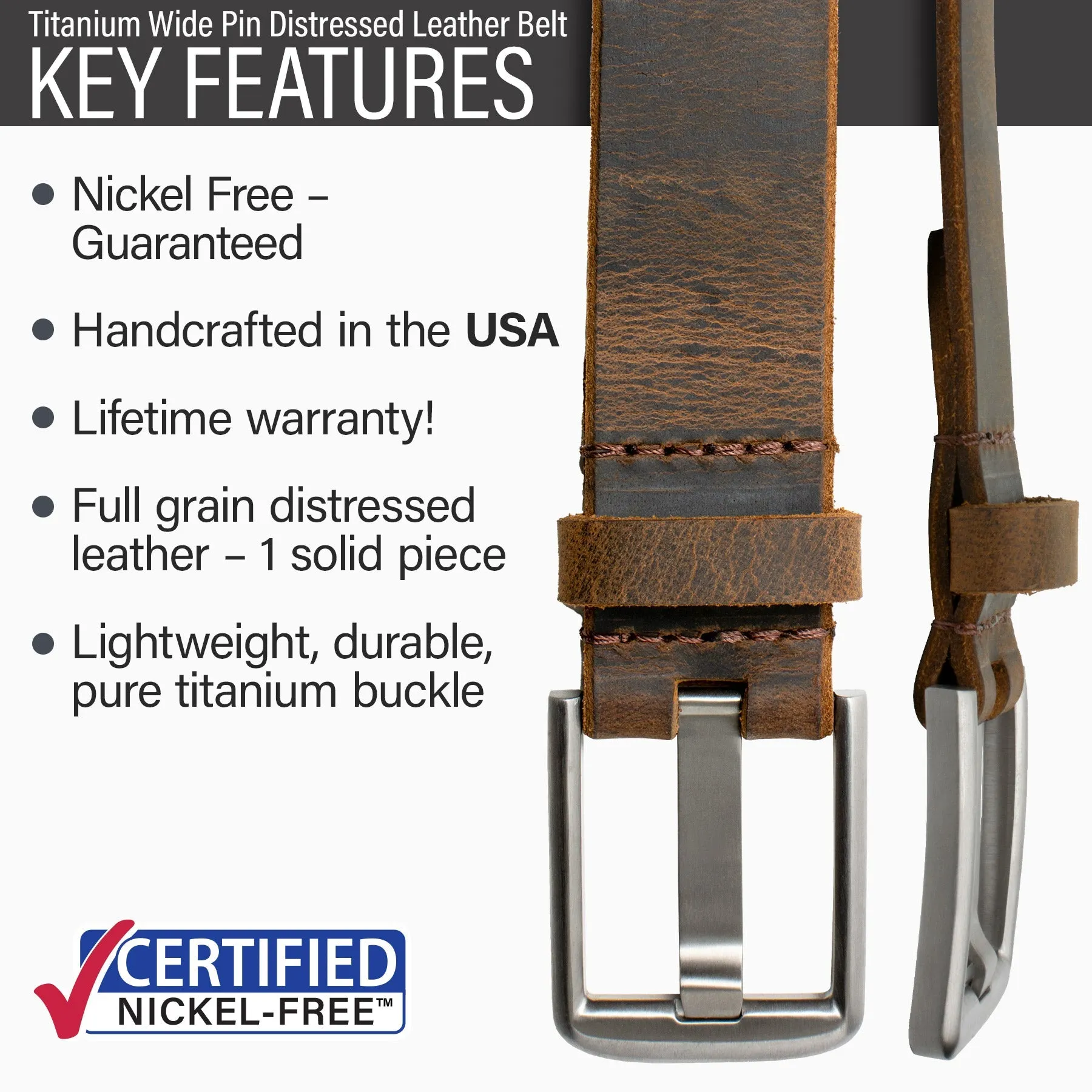 Titanium Wide Pin Brown Distressed Leather Belt by Nickel Smart®