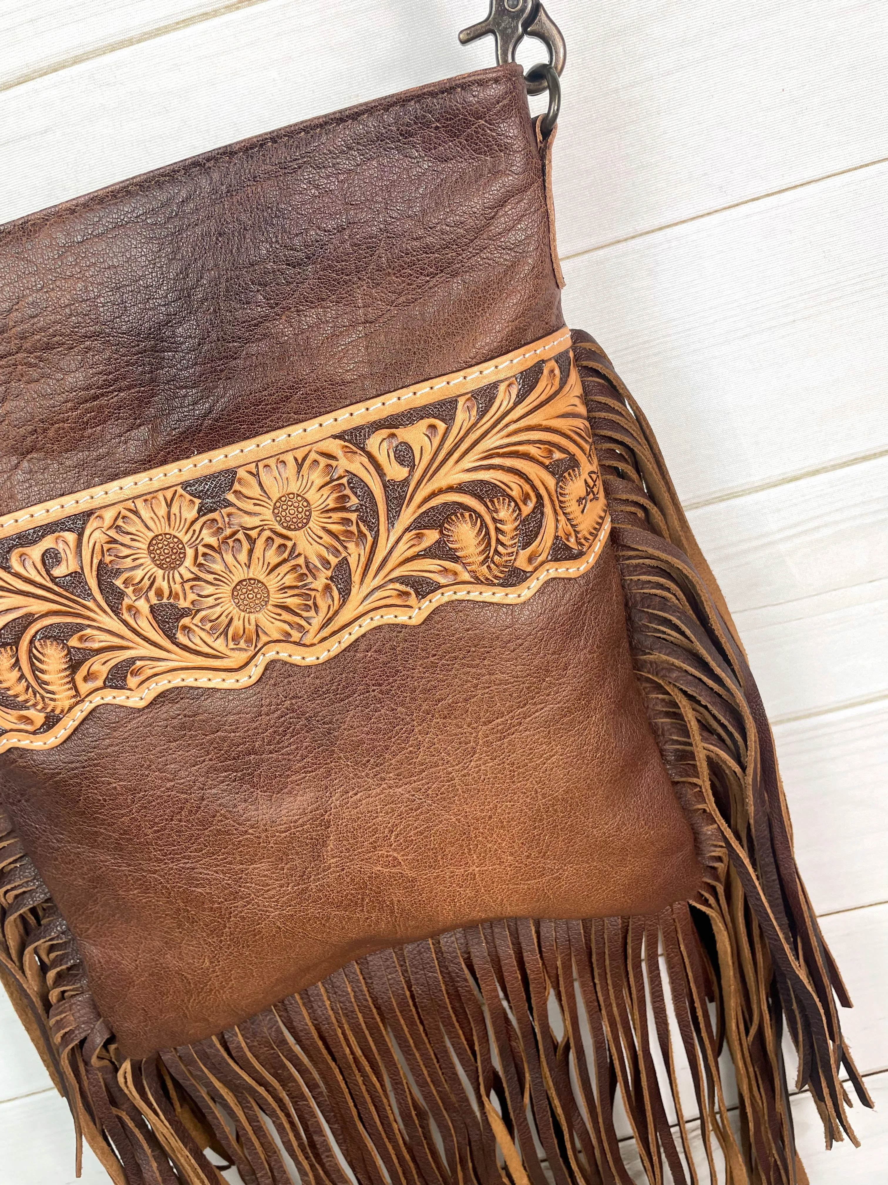 Tombstone Scalloped Tooled Leather Band Fringe Crossbody Bag