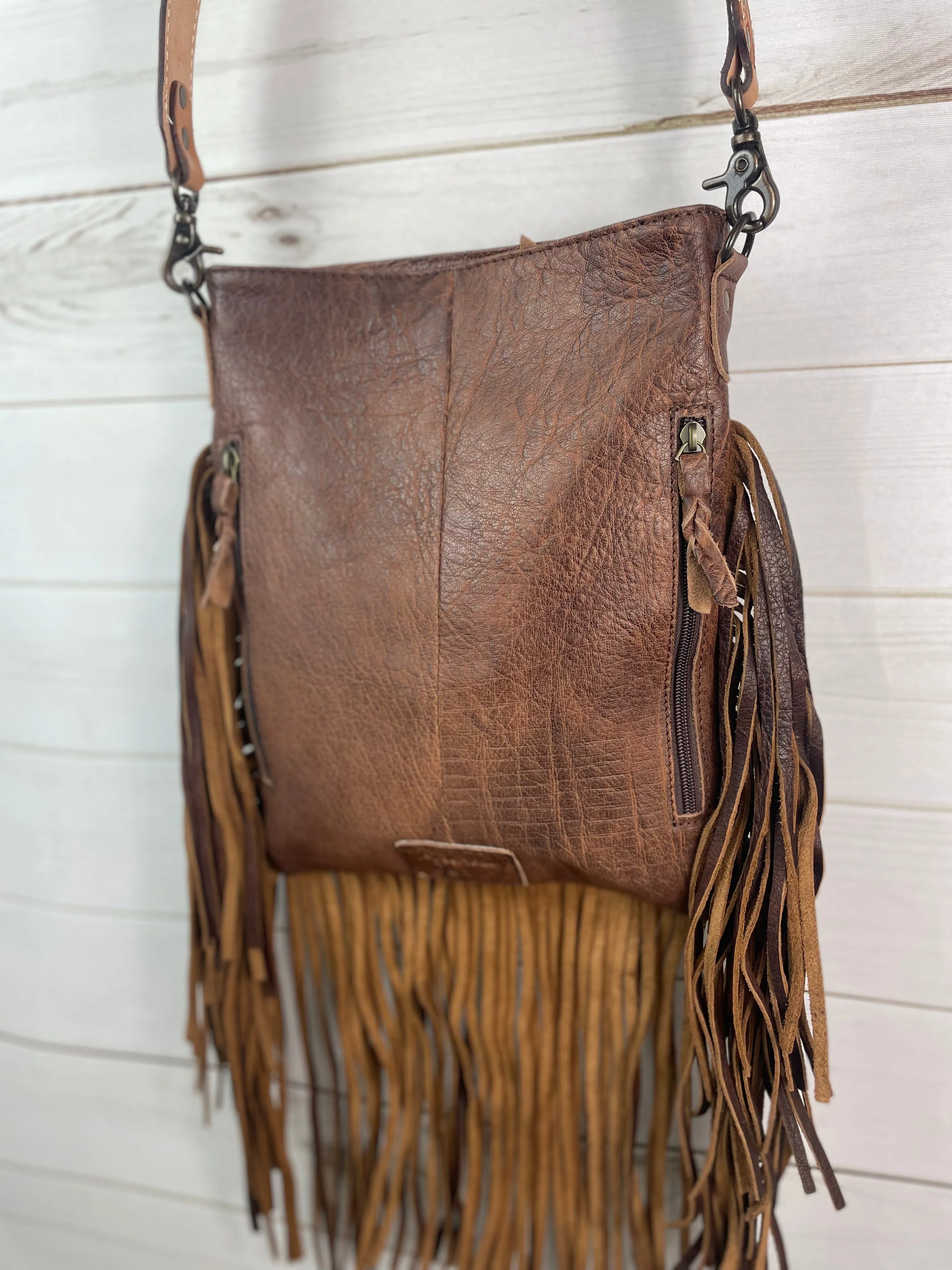 Tombstone Scalloped Tooled Leather Band Fringe Crossbody Bag