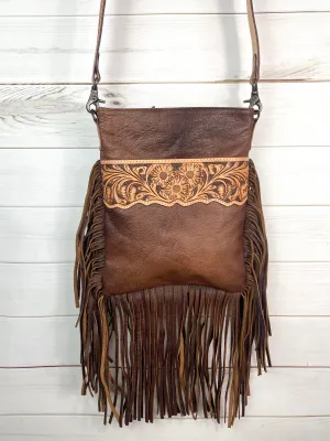 Tombstone Scalloped Tooled Leather Band Fringe Crossbody Bag