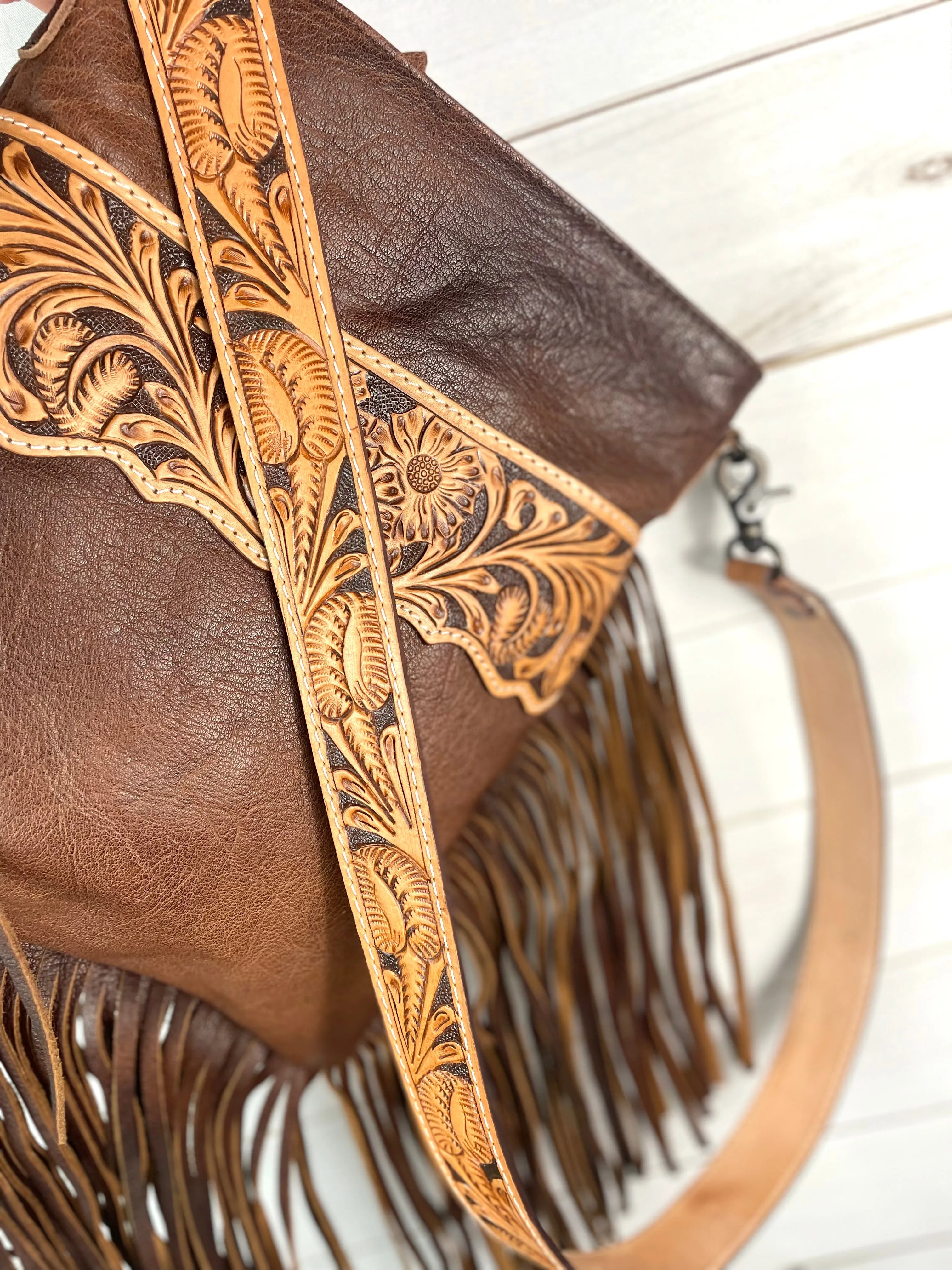 Tombstone Scalloped Tooled Leather Band Fringe Crossbody Bag