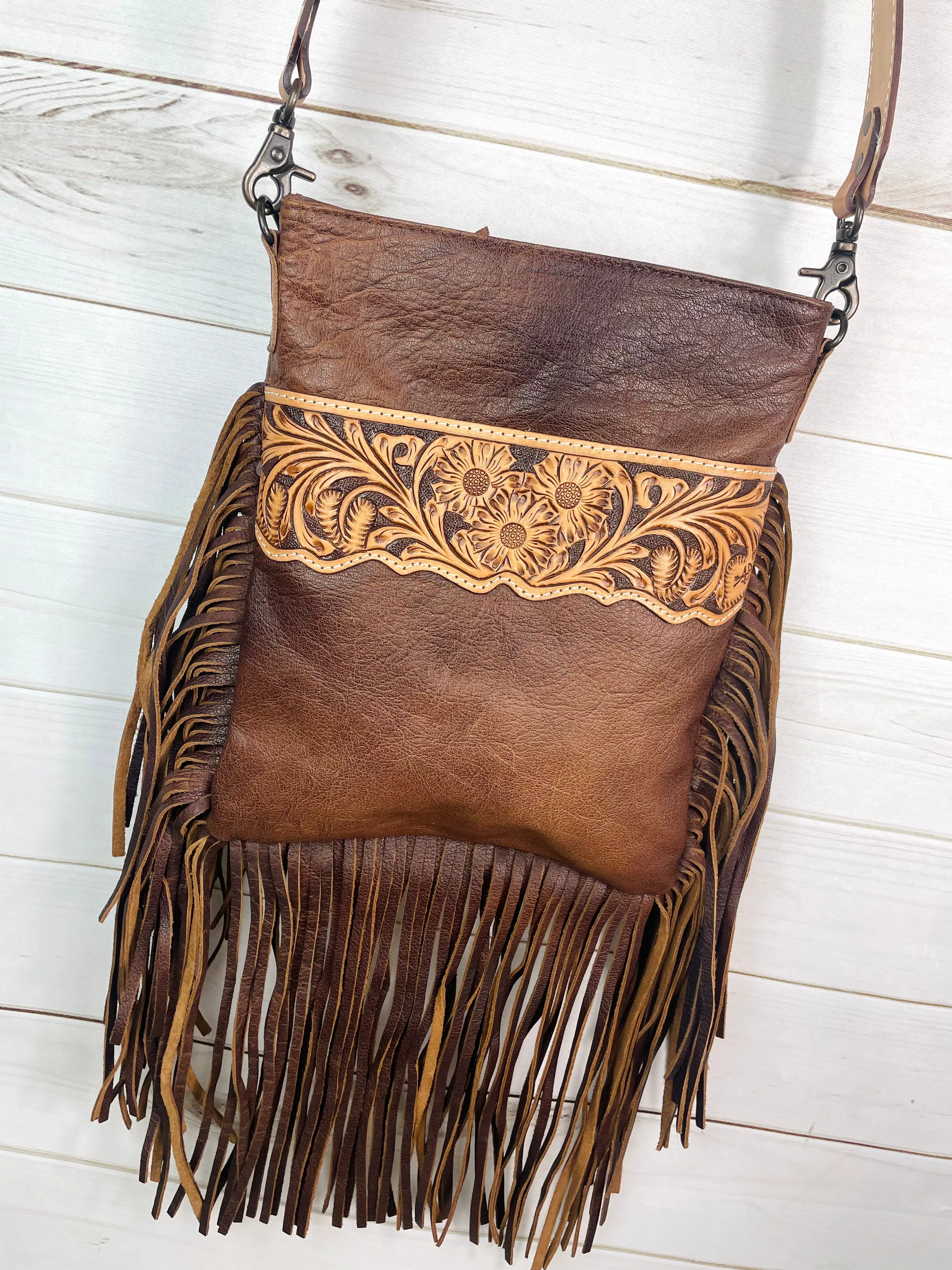 Tombstone Scalloped Tooled Leather Band Fringe Crossbody Bag