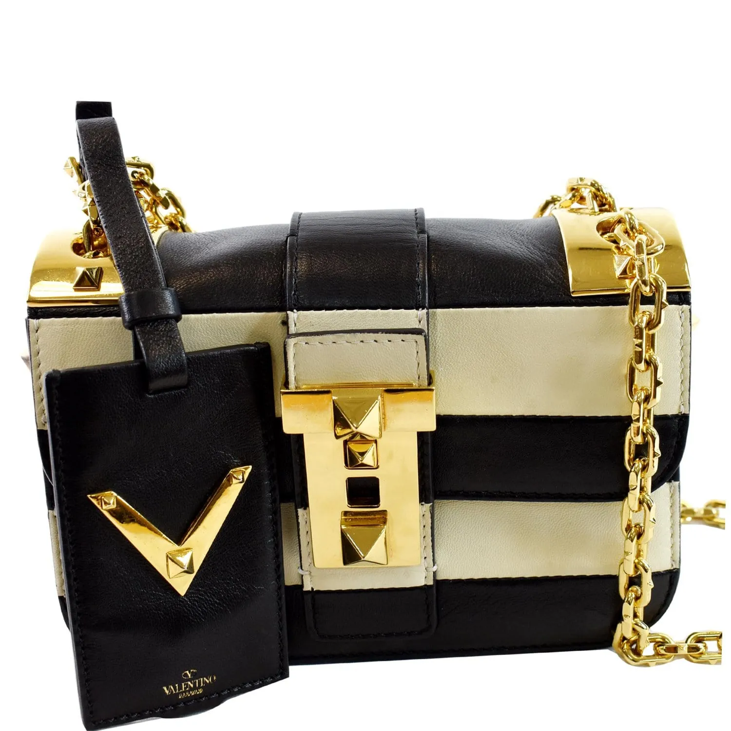 VALENTINO Striped B Rockstud Leather Shoulder Bag Ivory