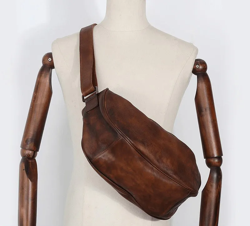 Vintage Black Gray Mens Sling Bag Leather Saddle Chest Bag Shoulder Purse Crossbody Pack for Men