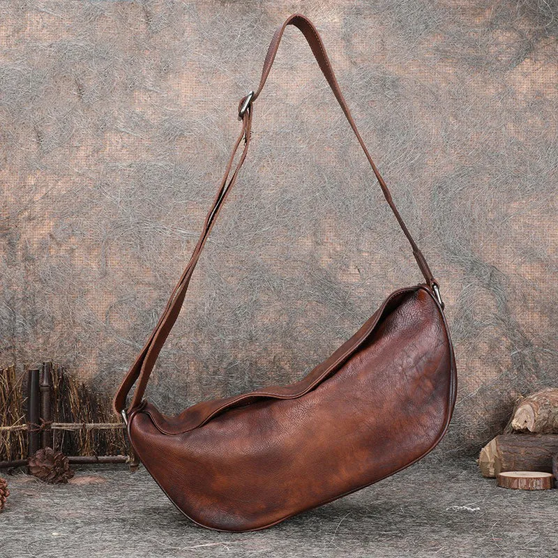 Vintage Black Gray Mens Sling Bag Leather Saddle Chest Bag Shoulder Purse Crossbody Pack for Men