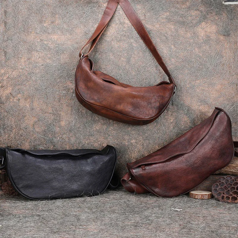 Vintage Brown Mens Sling Bag Leather Saddle Chest Bag Shoulder Purse Crossbody Pack for Men