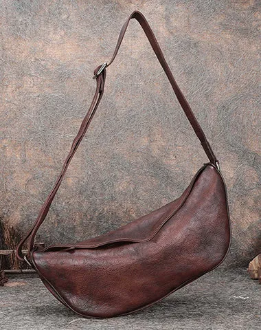 Vintage Brown Mens Sling Bag Leather Saddle Chest Bag Shoulder Purse Crossbody Pack for Men