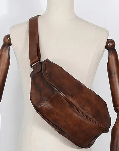 Vintage Brown Mens Sling Bag Leather Saddle Chest Bag Shoulder Purse Crossbody Pack for Men