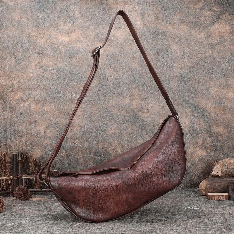 Vintage Brown Mens Sling Bag Leather Saddle Chest Bag Shoulder Purse Crossbody Pack for Men