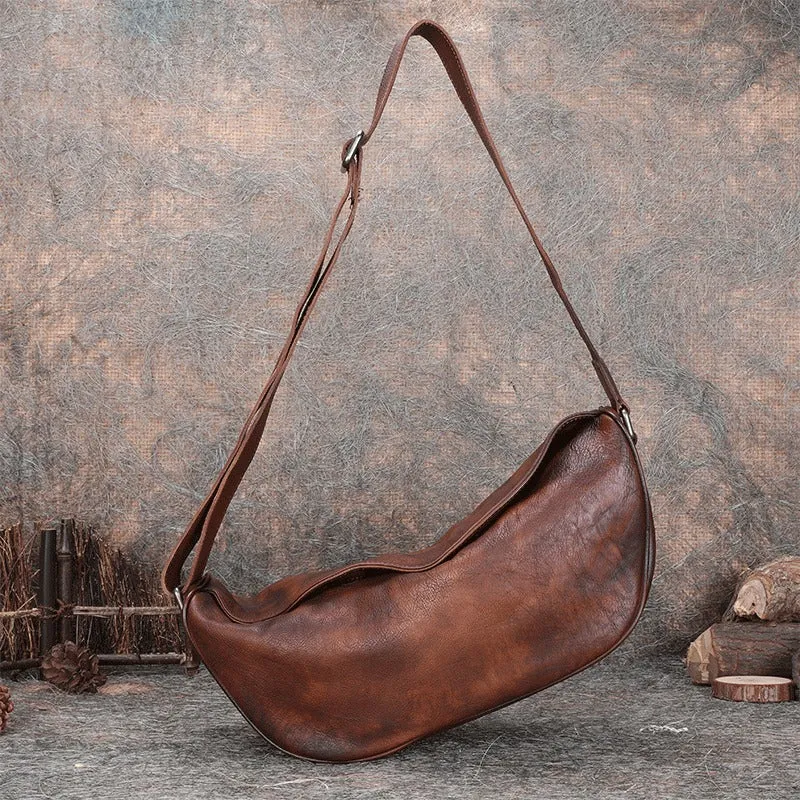 Vintage Brown Mens Sling Bag Leather Saddle Chest Bag Shoulder Purse Crossbody Pack for Men