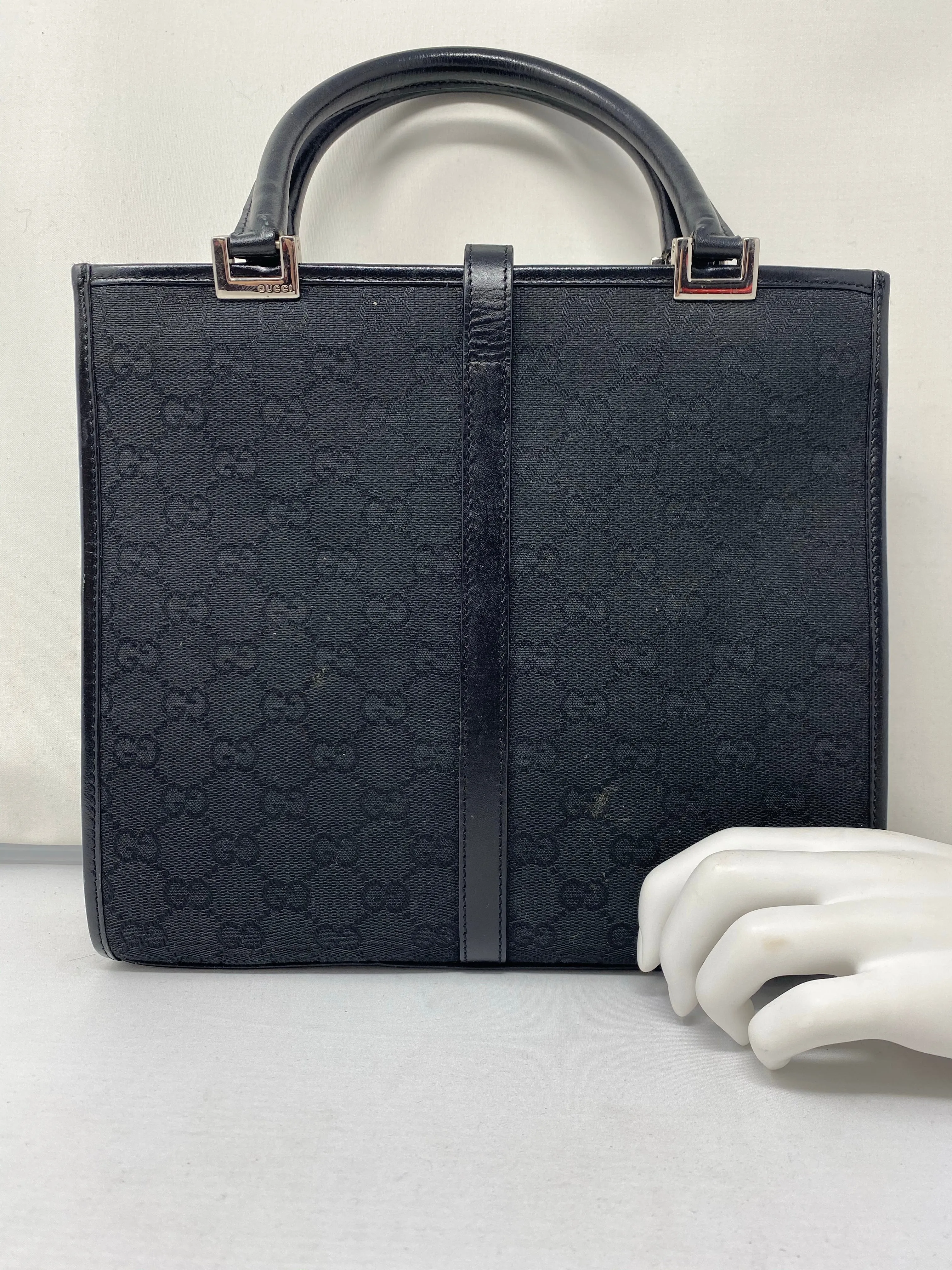 Vintage: Gucci  Black GG Monogram Top Handle Tote with Leather Trim