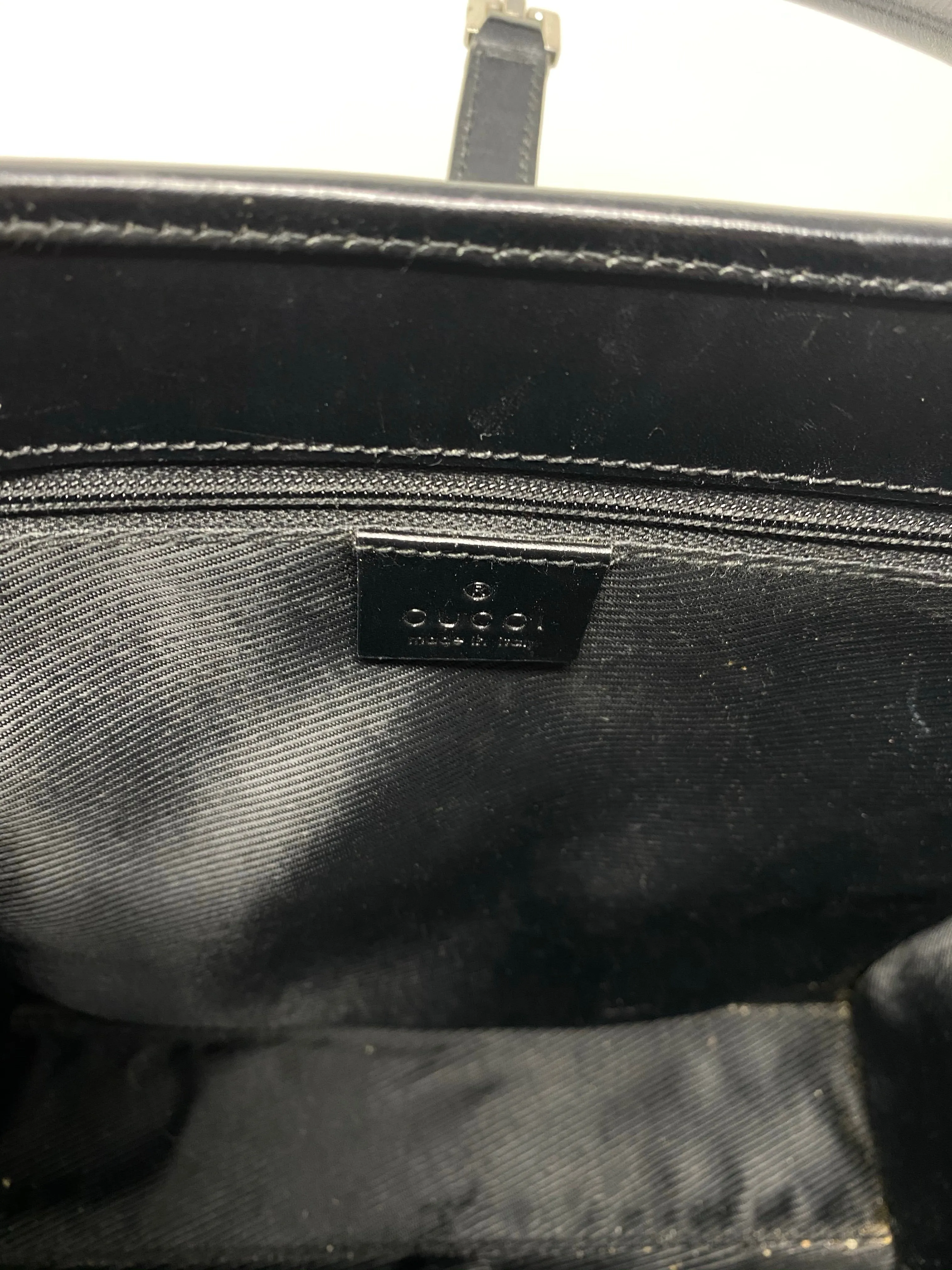Vintage: Gucci  Black GG Monogram Top Handle Tote with Leather Trim