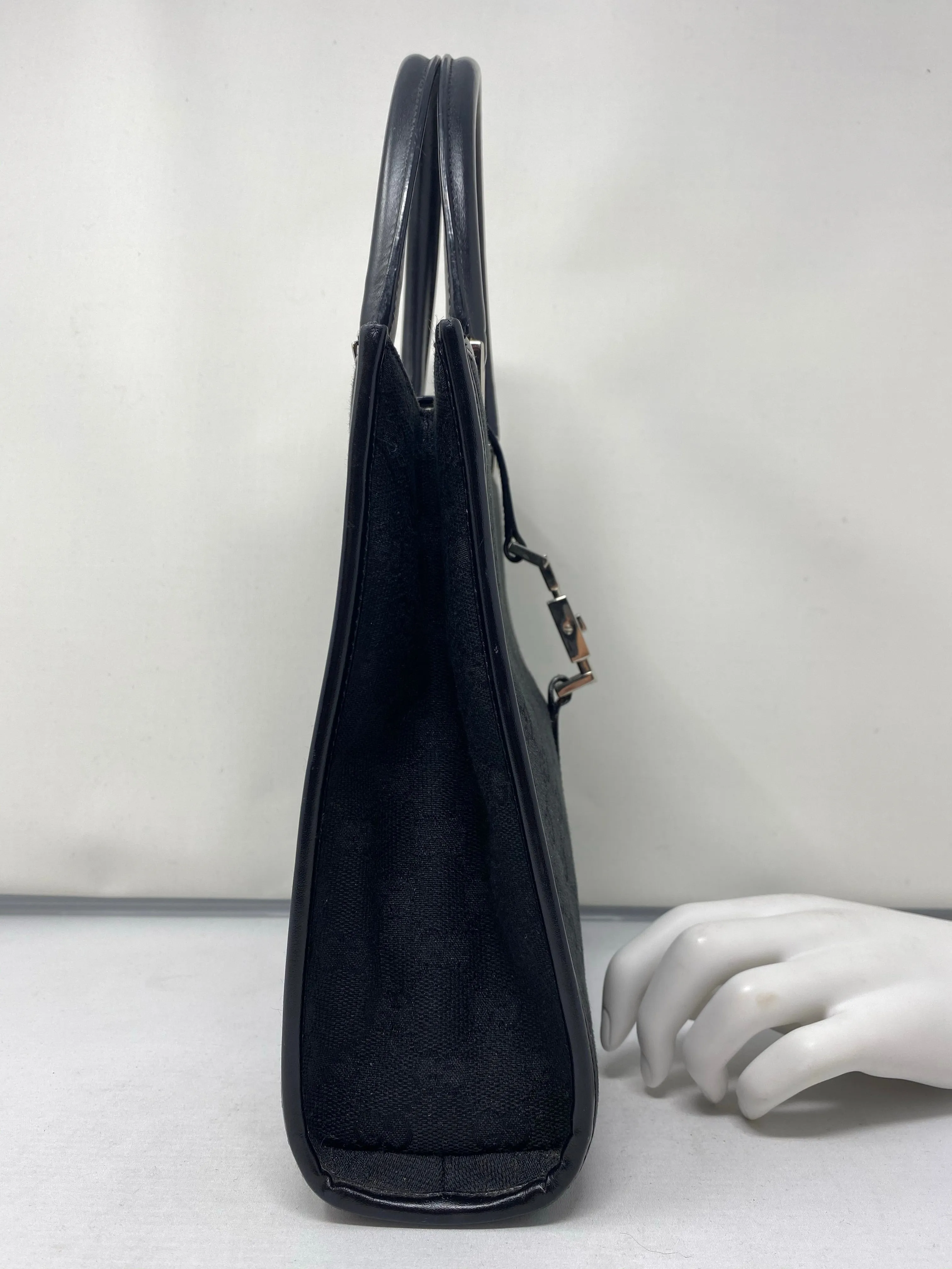 Vintage: Gucci  Black GG Monogram Top Handle Tote with Leather Trim