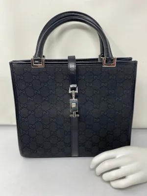 Vintage: Gucci  Black GG Monogram Top Handle Tote with Leather Trim