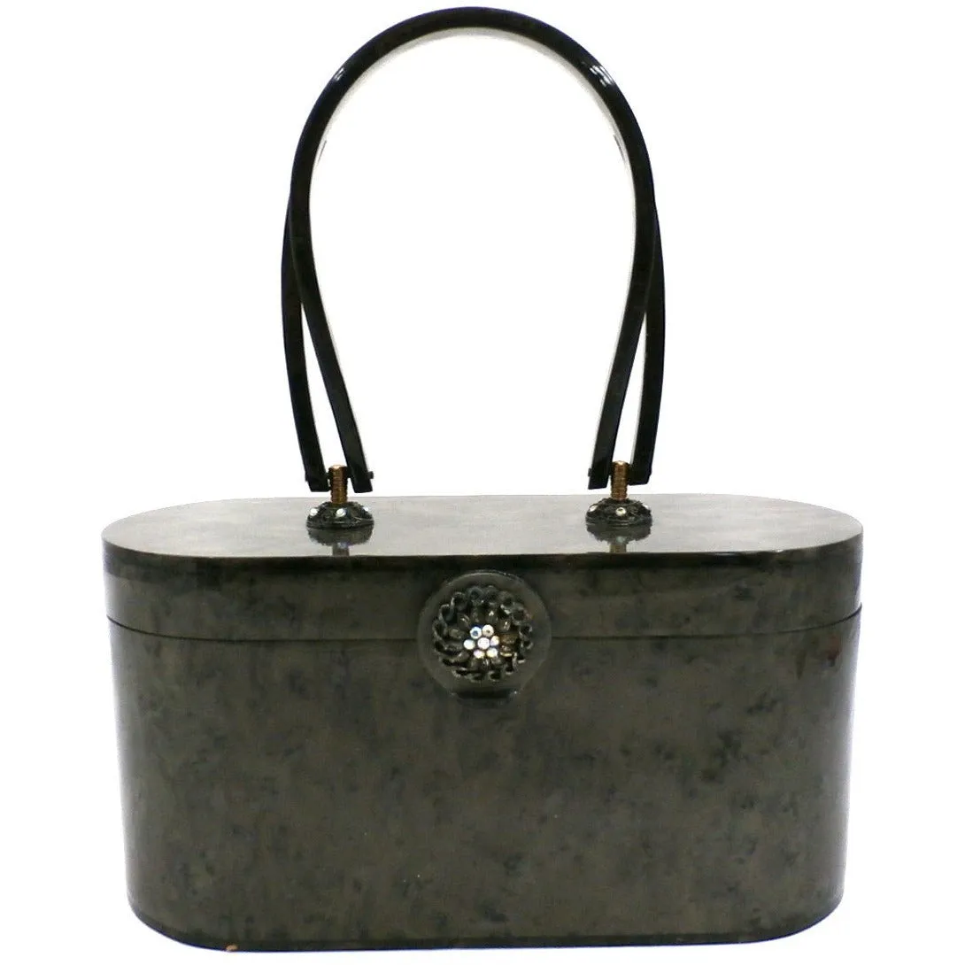 Vintage Lucite Box Purse Wilardy Gray Marbleized Pearl 1950s w/ Contents