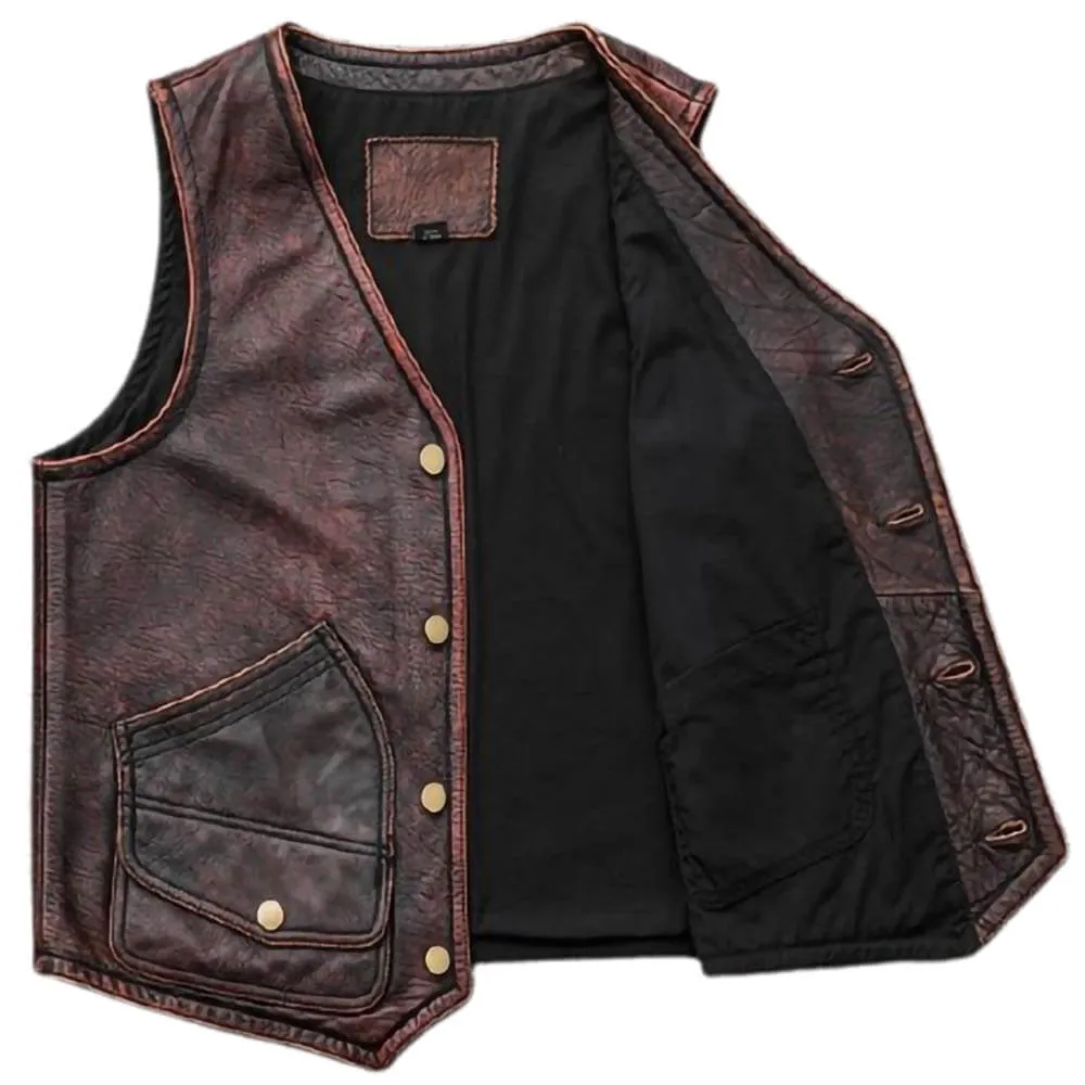 Western Cowboy Distressed Brown Vintage Leather Vest For Mens