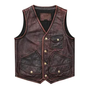 Western Cowboy Distressed Brown Vintage Leather Vest For Mens