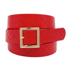 Women Red Basket Weave Faux Leather Skinny Belt Gold Metal Square Buckle S M