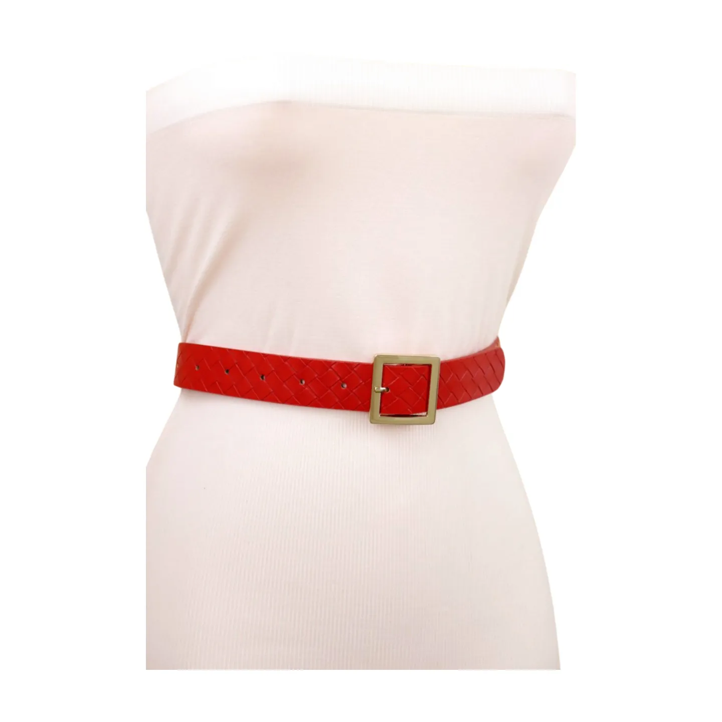 Women Red Basket Weave Faux Leather Skinny Belt Gold Metal Square Buckle S M