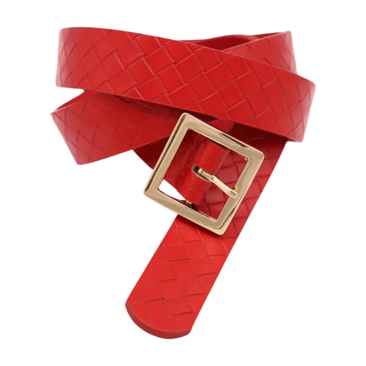 Women Red Basket Weave Faux Leather Skinny Belt Gold Metal Square Buckle S M