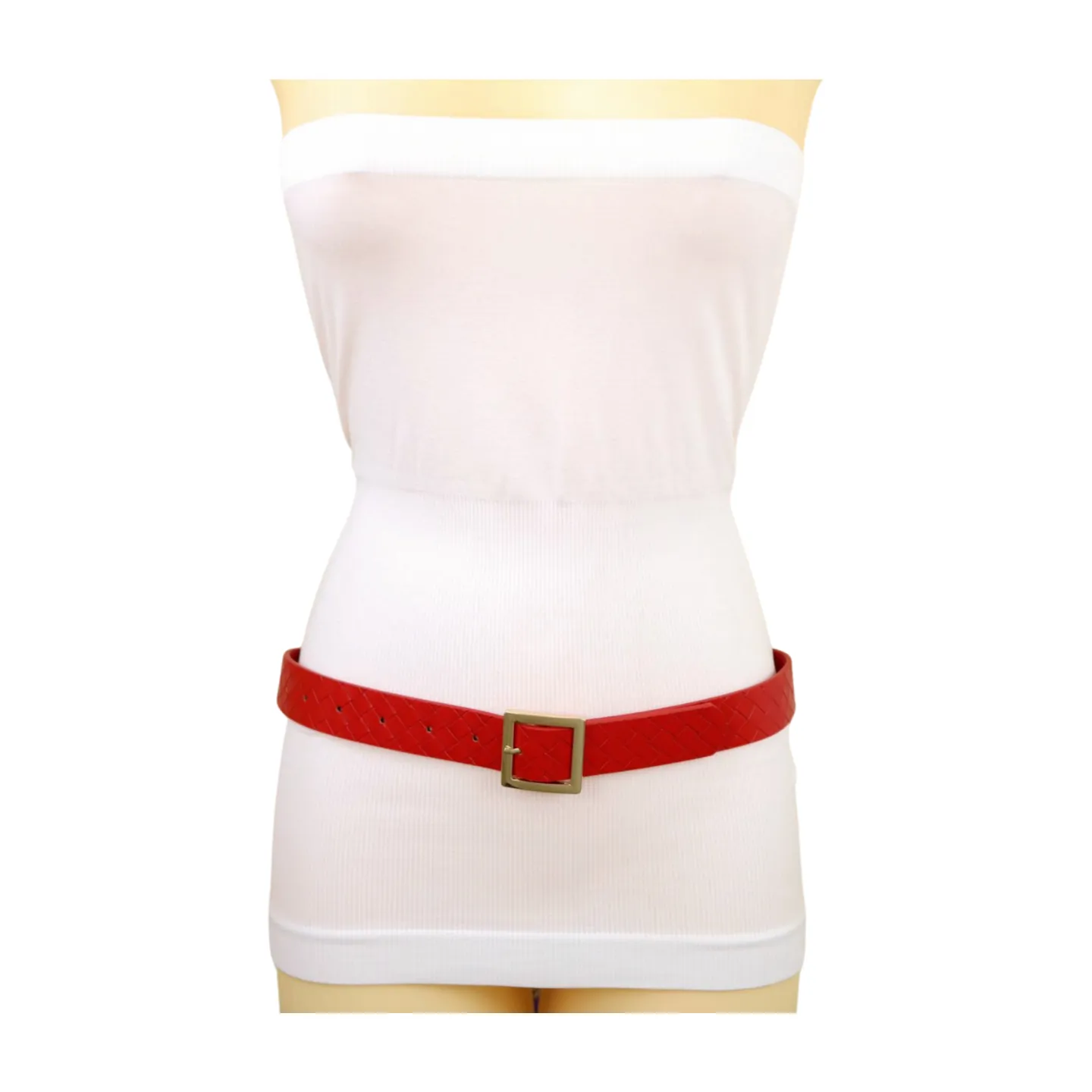 Women Red Basket Weave Faux Leather Skinny Belt Gold Metal Square Buckle S M