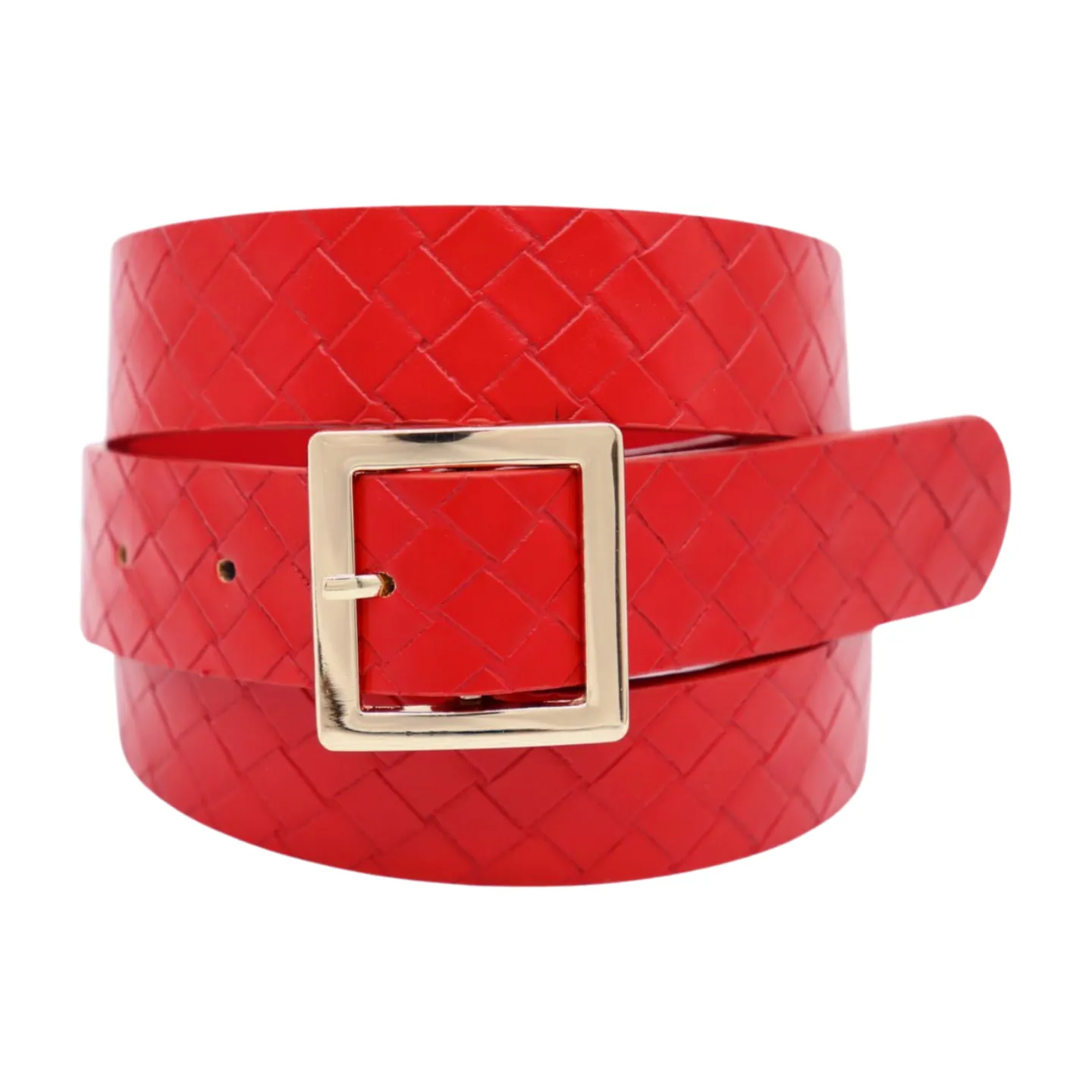 Women Red Basket Weave Faux Leather Skinny Belt Gold Metal Square Buckle S M