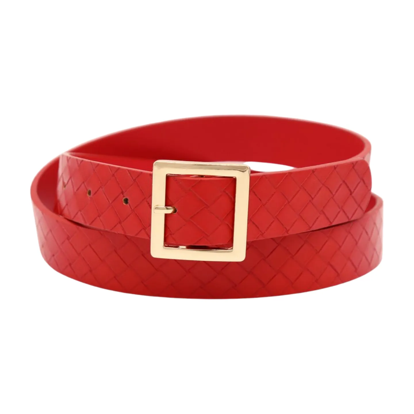 Women Red Basket Weave Faux Leather Skinny Belt Gold Metal Square Buckle S M