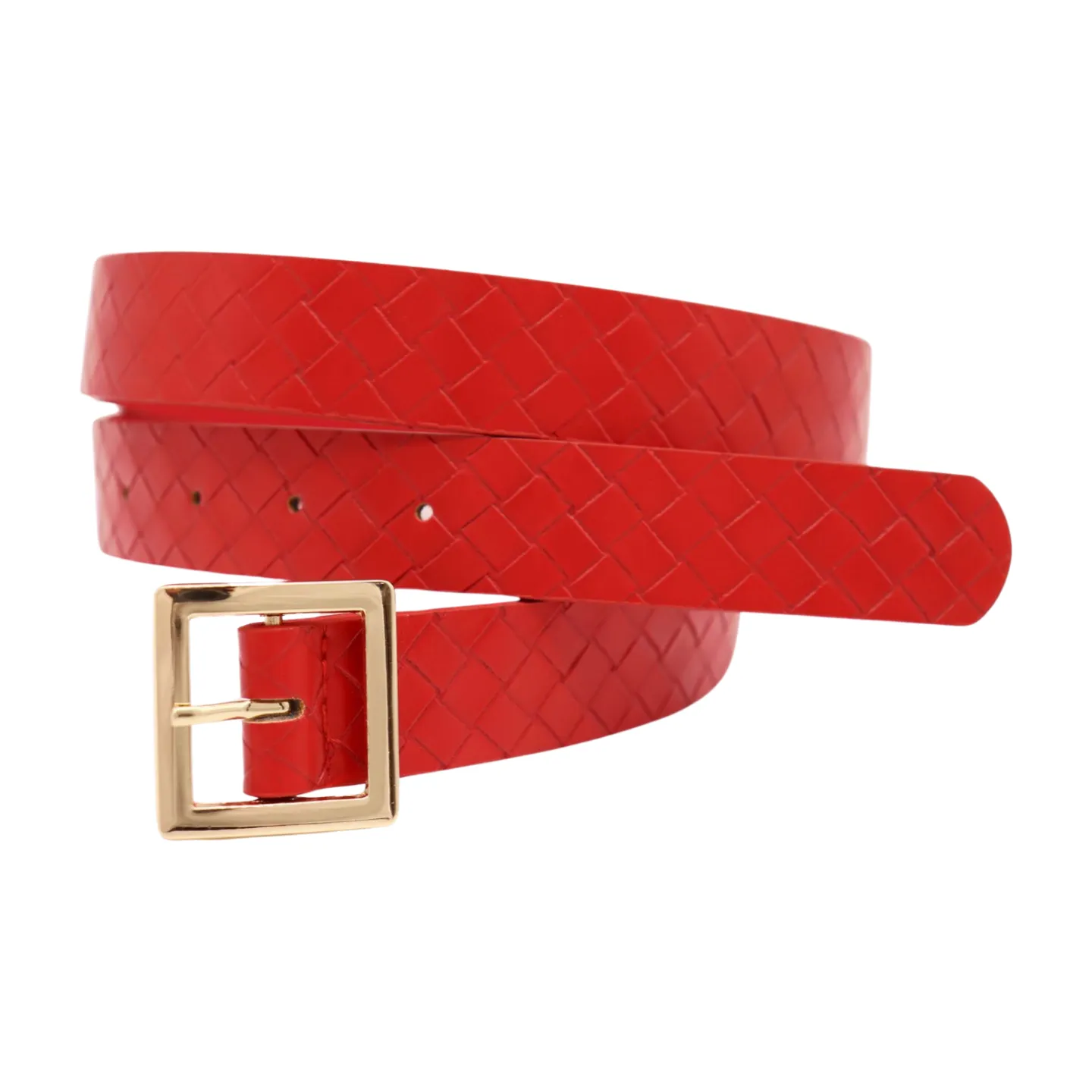 Women Red Basket Weave Faux Leather Skinny Belt Gold Metal Square Buckle S M