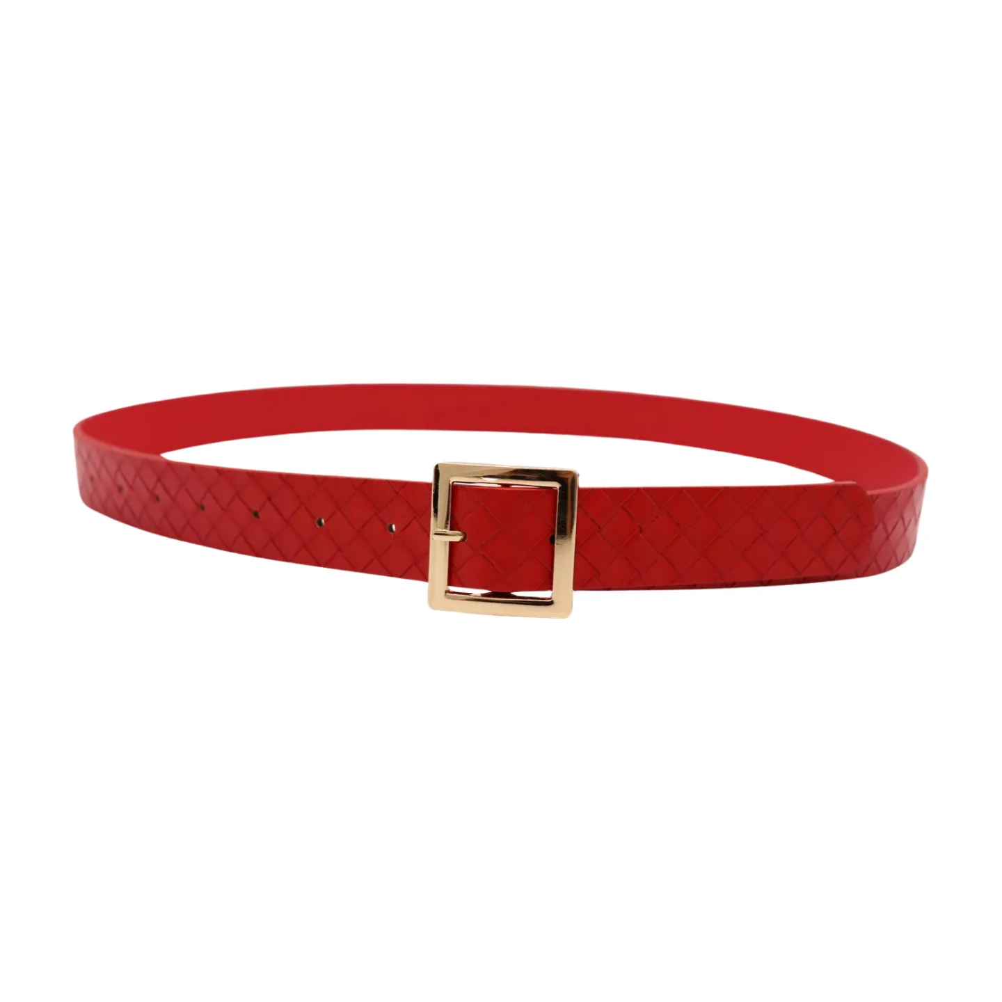 Women Red Basket Weave Faux Leather Skinny Belt Gold Metal Square Buckle S M