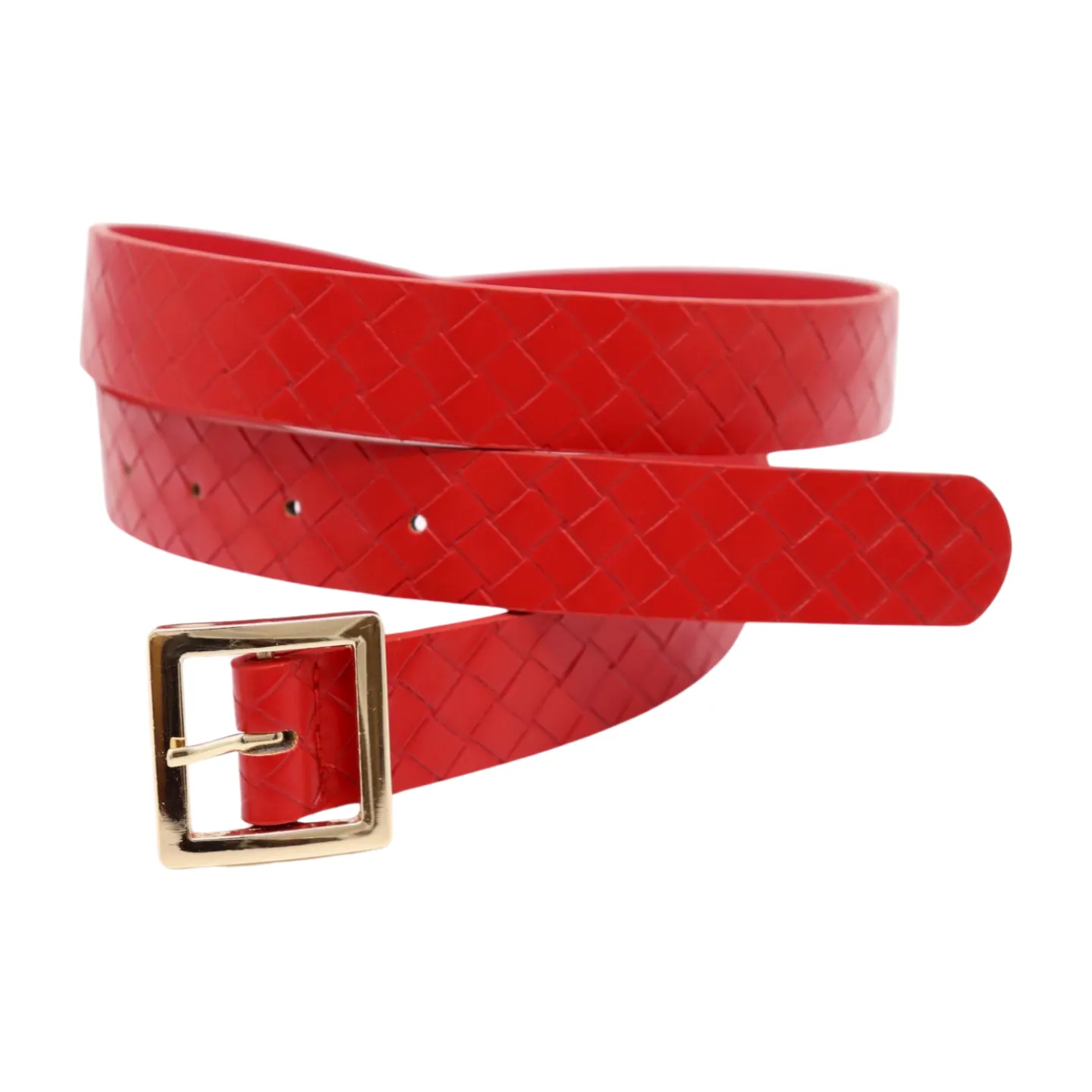 Women Red Basket Weave Faux Leather Skinny Belt Gold Metal Square Buckle S M