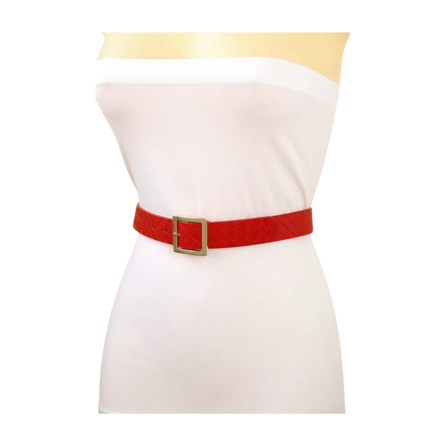 Women Red Basket Weave Faux Leather Skinny Belt Gold Metal Square Buckle S M