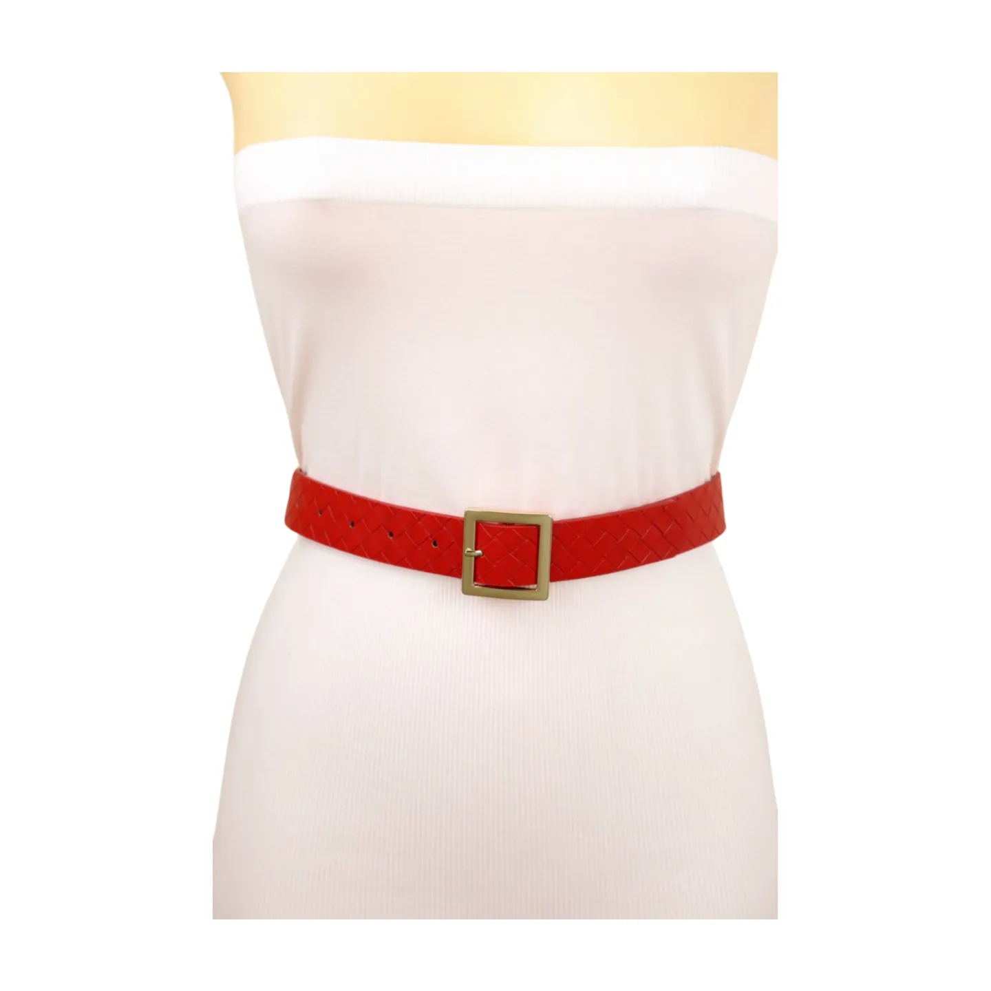 Women Red Basket Weave Faux Leather Skinny Belt Gold Metal Square Buckle S M