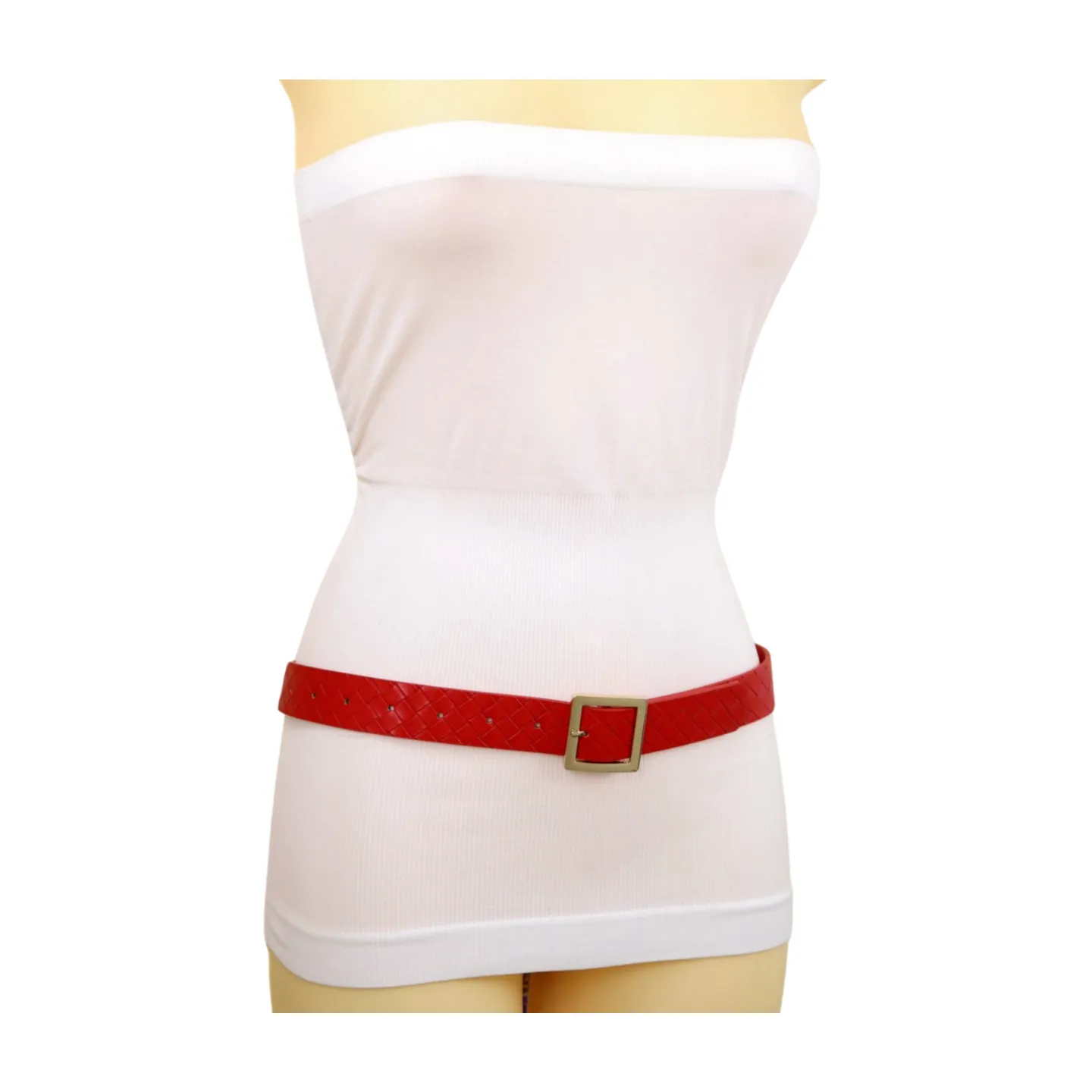 Women Red Basket Weave Faux Leather Skinny Belt Gold Metal Square Buckle S M