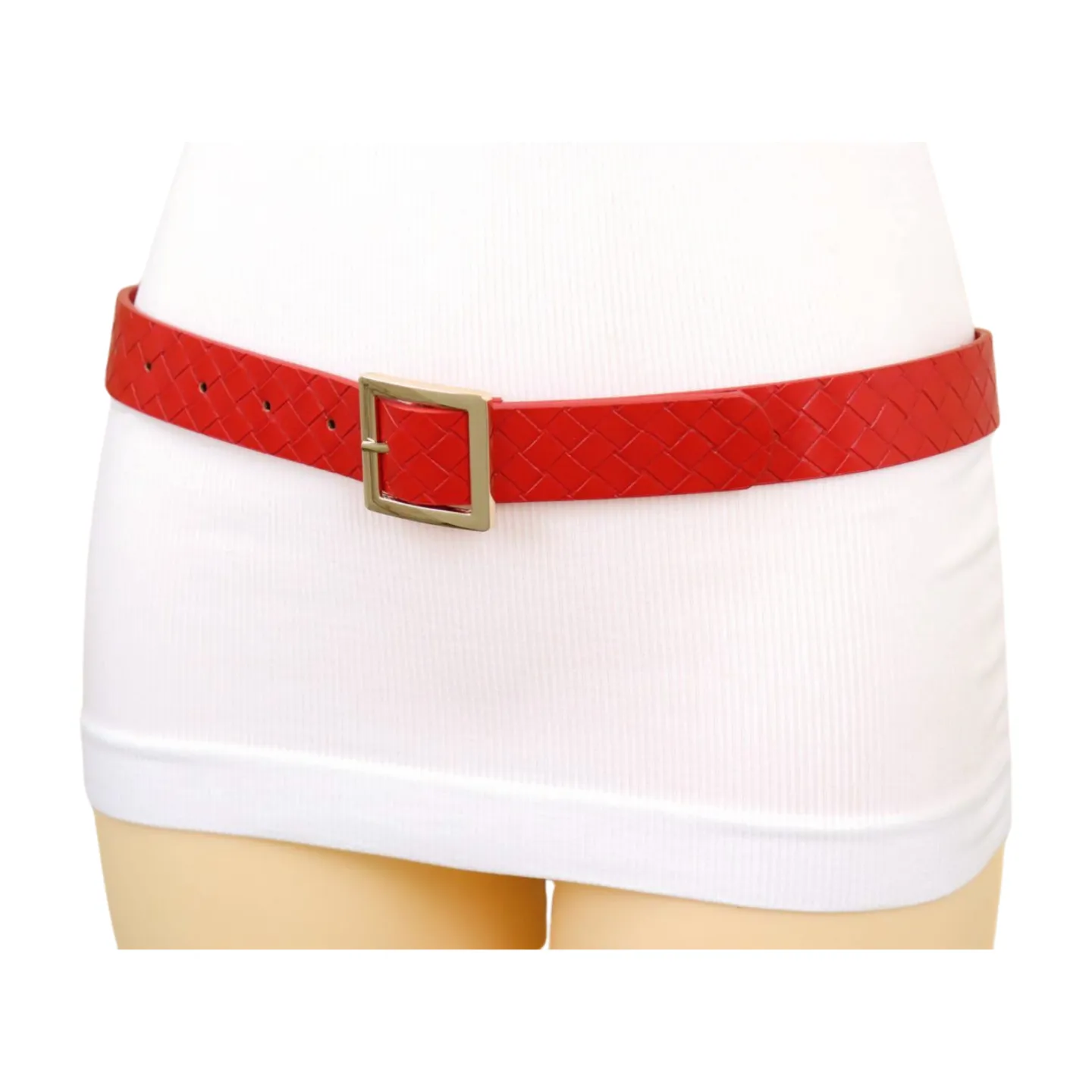 Women Red Basket Weave Faux Leather Skinny Belt Gold Metal Square Buckle S M