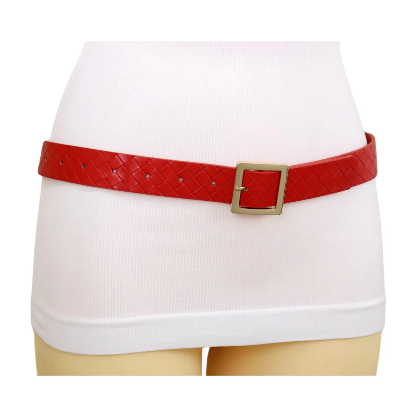 Women Red Basket Weave Faux Leather Skinny Belt Gold Metal Square Buckle S M