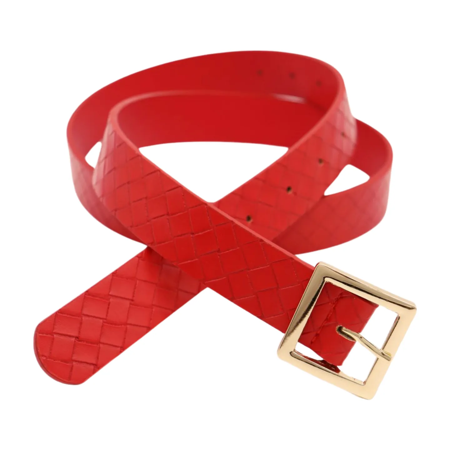 Women Red Basket Weave Faux Leather Skinny Belt Gold Metal Square Buckle S M