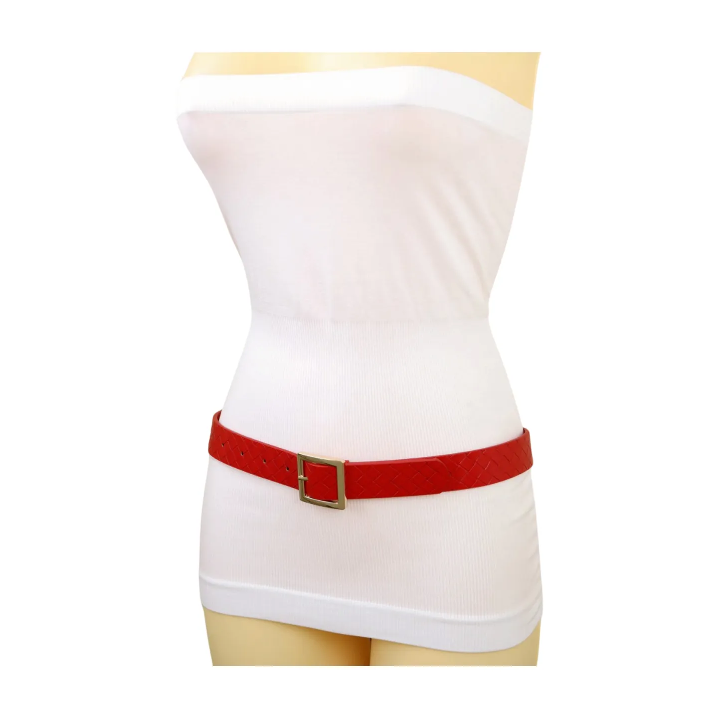 Women Red Basket Weave Faux Leather Skinny Belt Gold Metal Square Buckle S M