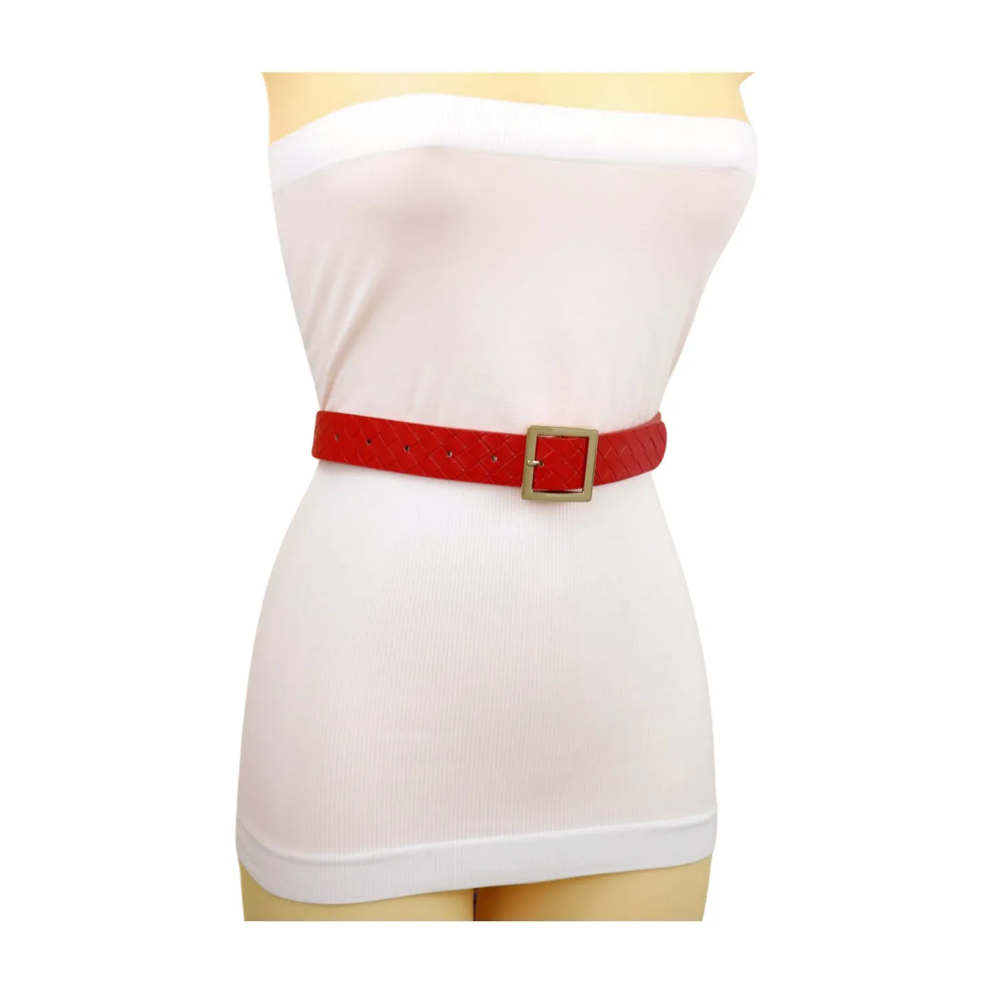 Women Red Basket Weave Faux Leather Skinny Belt Gold Metal Square Buckle S M