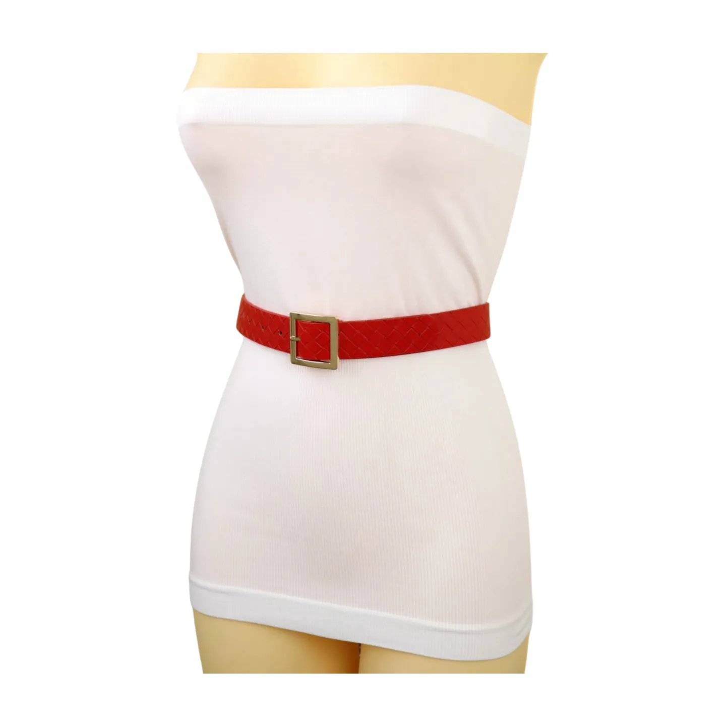 Women Red Basket Weave Faux Leather Skinny Belt Gold Metal Square Buckle S M