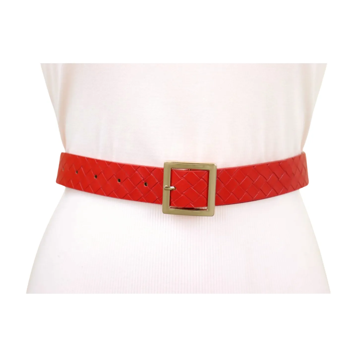 Women Red Basket Weave Faux Leather Skinny Belt Gold Metal Square Buckle S M