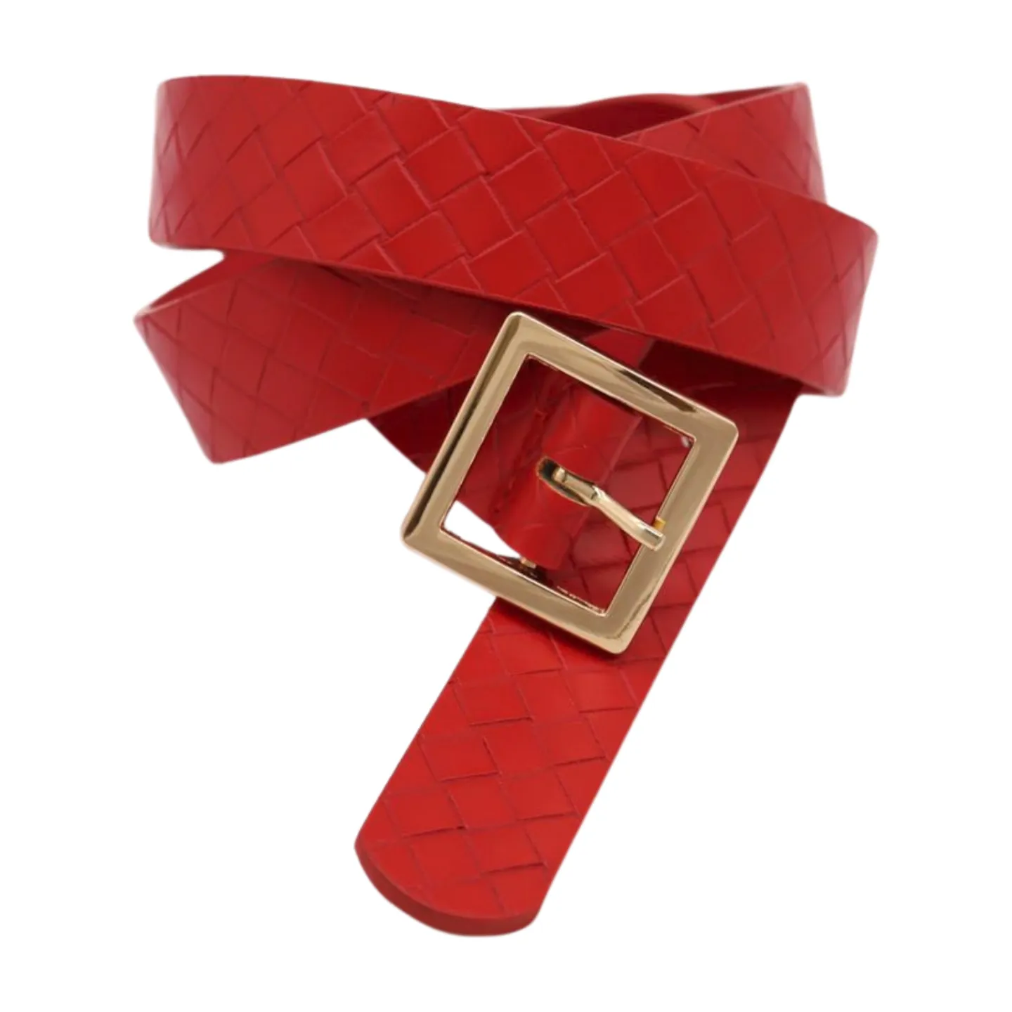 Women Red Basket Weave Faux Leather Skinny Belt Gold Metal Square Buckle S M