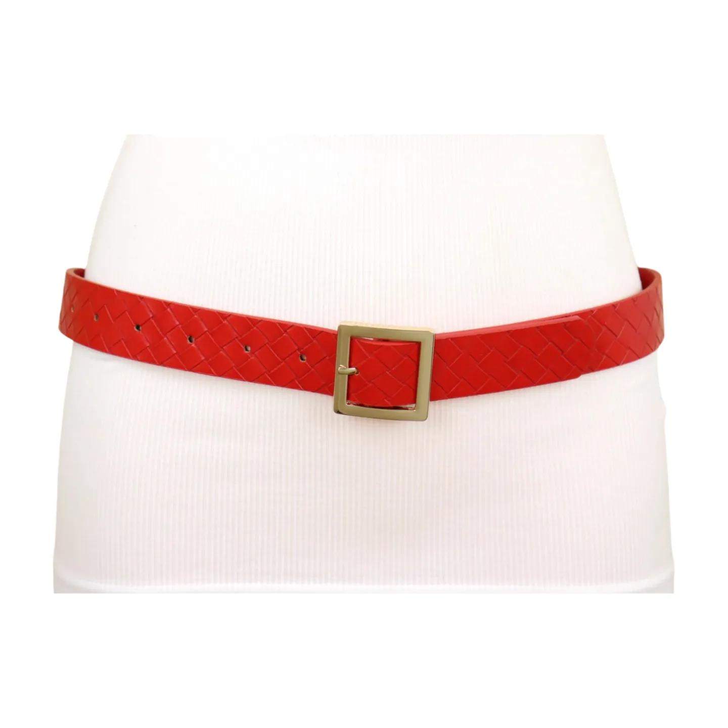 Women Red Basket Weave Faux Leather Skinny Belt Gold Metal Square Buckle S M