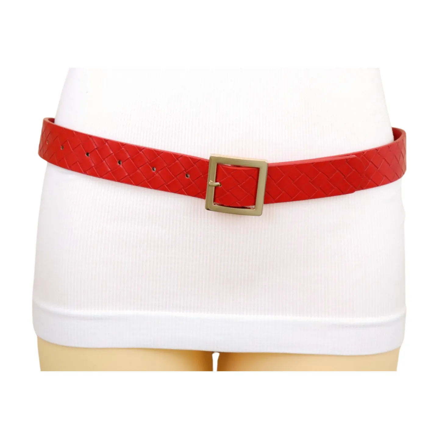 Women Red Basket Weave Faux Leather Skinny Belt Gold Metal Square Buckle S M