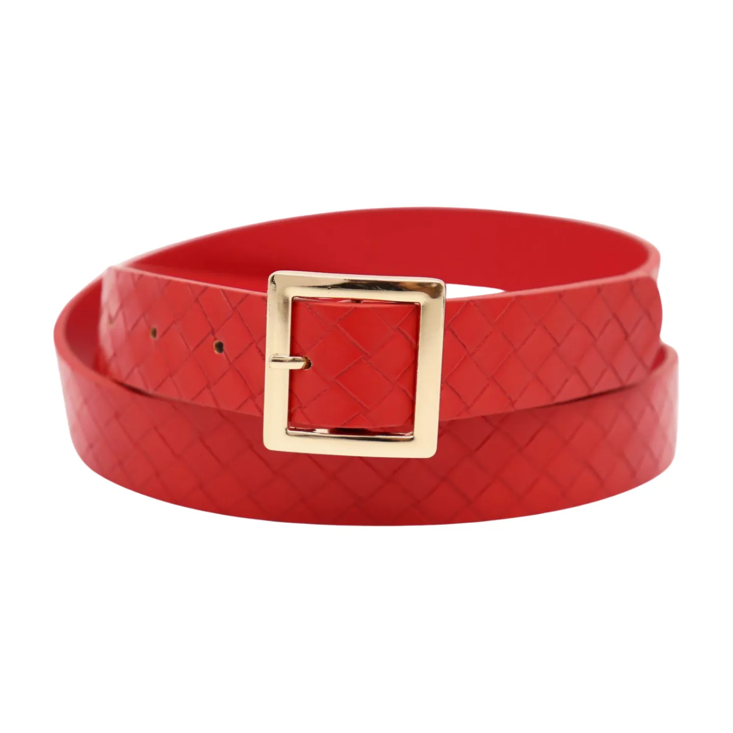 Women Red Basket Weave Faux Leather Skinny Belt Gold Metal Square Buckle S M