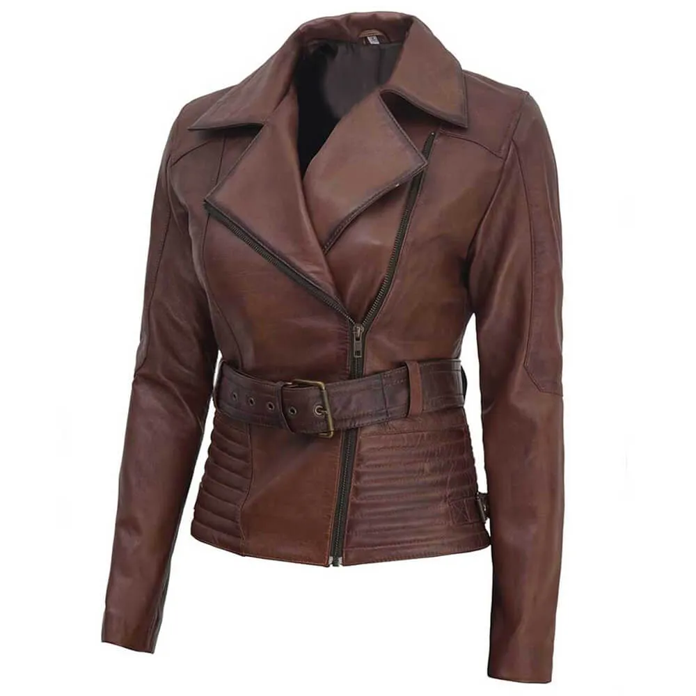 Womens Biker Outline Wax Brown Streetwear Motorcycle Leather Jacket