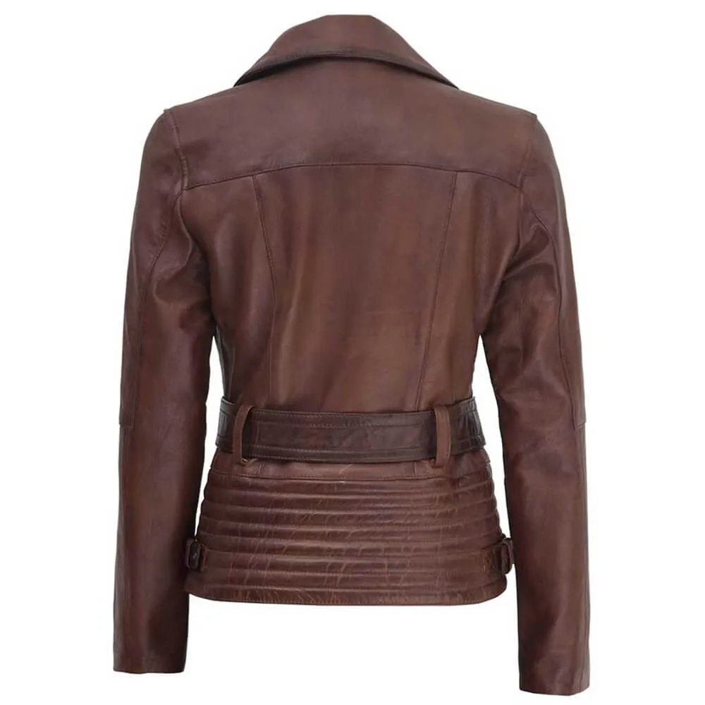 Womens Biker Outline Wax Brown Streetwear Motorcycle Leather Jacket