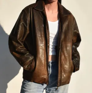 Women's Vintage Oversized Distressed Brown Leather Jacket WD08