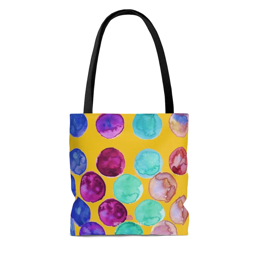Yellow Watercolor Dots Tote Bag, Abstract Watercolor Dotted Square 13"x13", 16"x16", 18"x18" Premium Quality Market Tote Bag - Made in USA